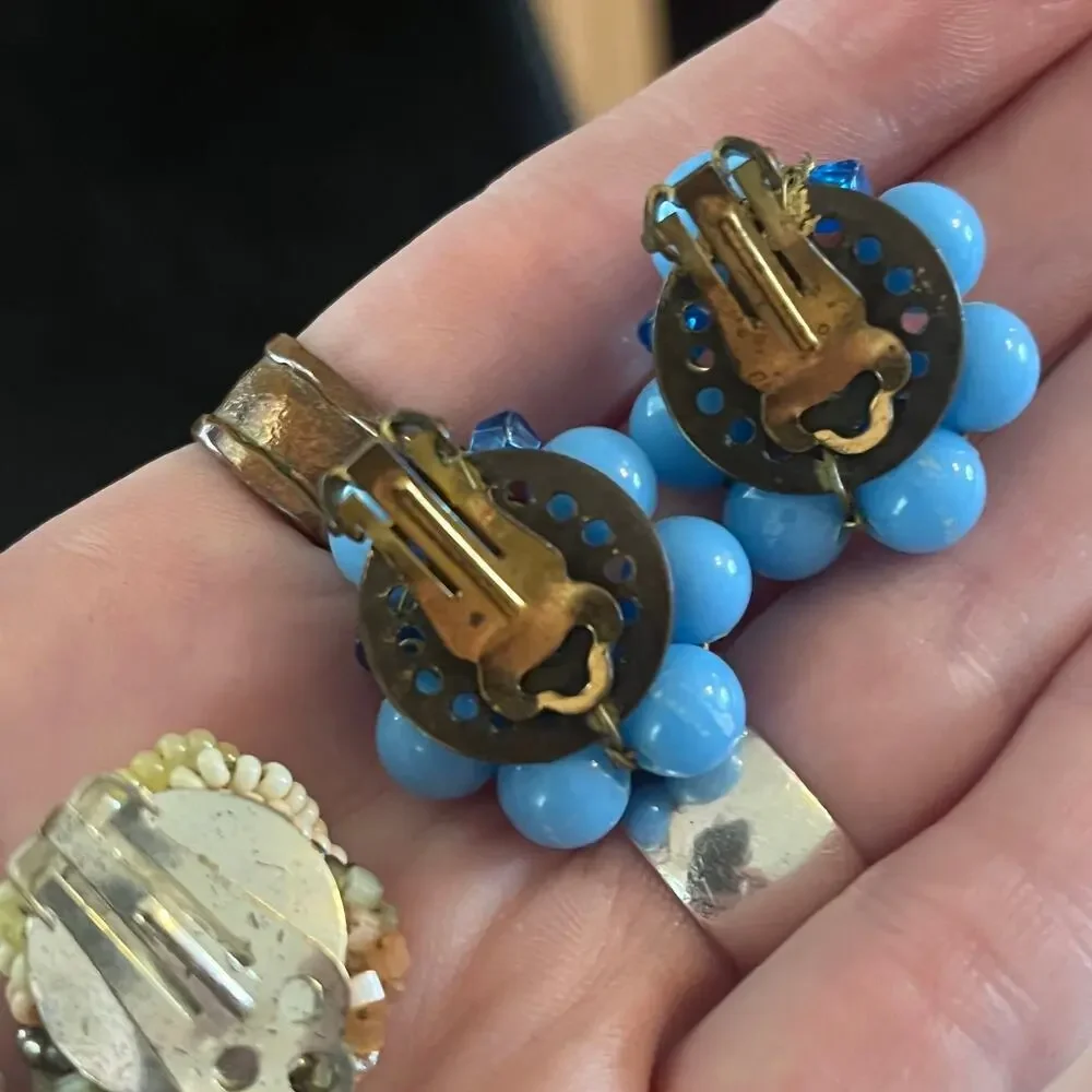 Pair of vintage and beaded clip on earrings blue cream, and gold